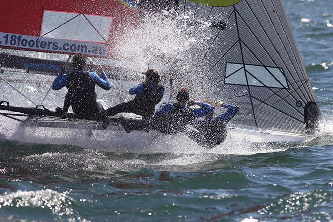Thurlows Compensation Lawyers crew power through the waves on the first beat - 18ft Skiffs: Queen of the Harbour & Alice Burton Memorial Trophy 2017 © 18footers.com